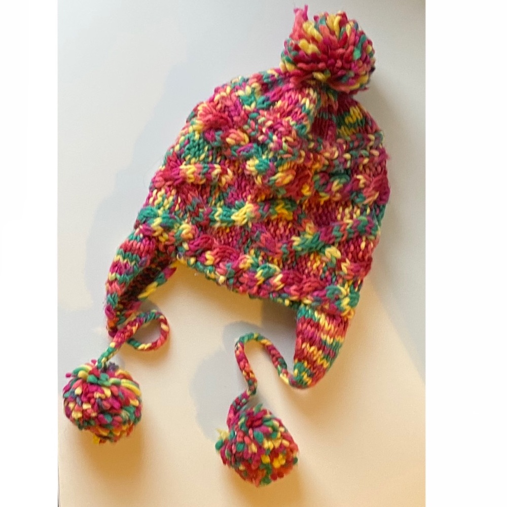 Handmade Multi-color Pom Pom Knit Winter Hat. One Size